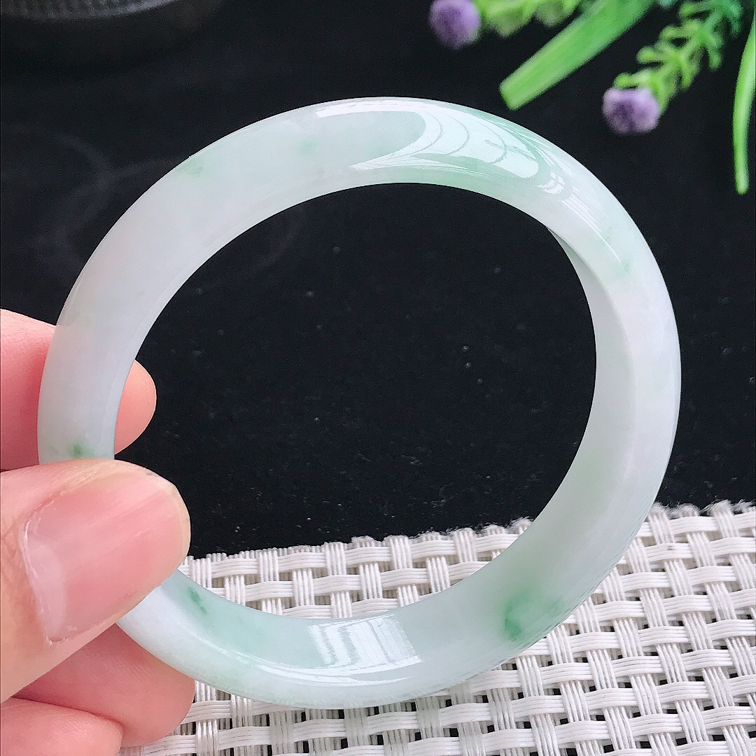 实拍天然翡翠54.8/13.5/7.2老坑冰胶冰飘花手镯翡翠玉镯手环