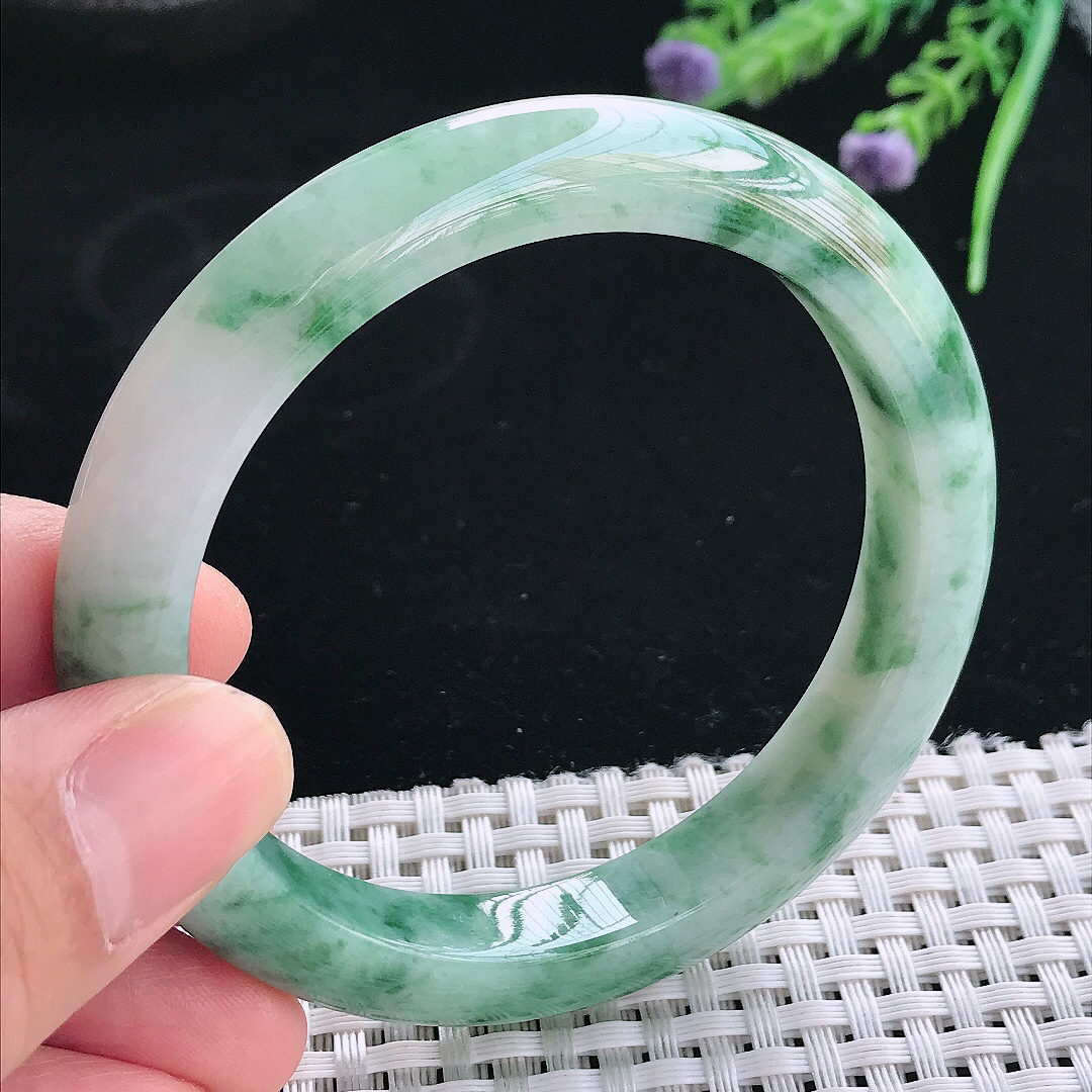 实拍天然翡翠57/10.1/8.5老坑精美冰润飘花手镯翡翠玉镯手环