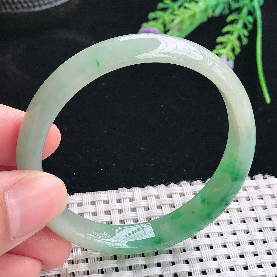 实拍天然翡翠53/11.2/6.6老坑冰胶飘阳绿手镯翡翠玉镯手环