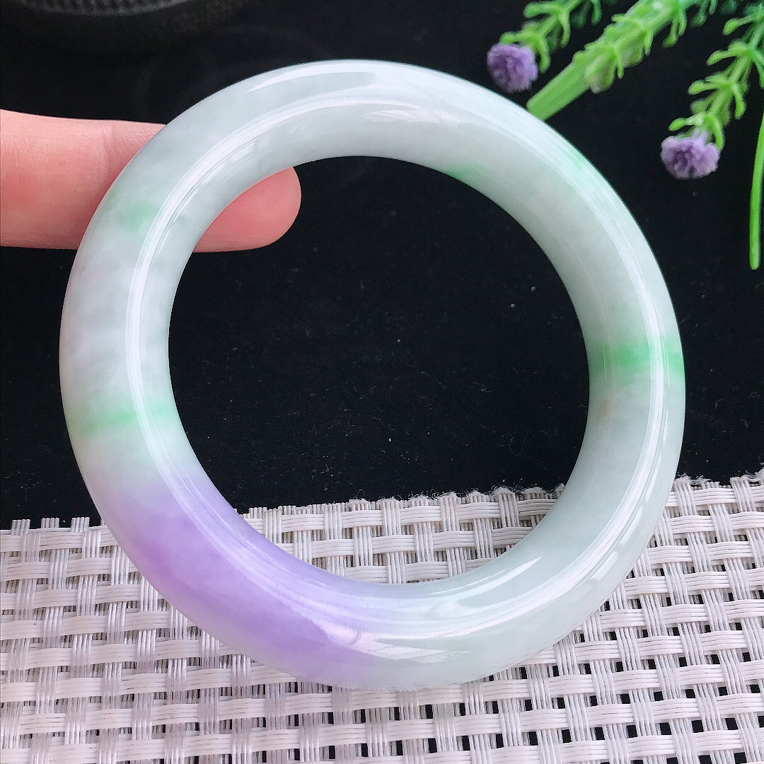实拍天然翡翠57.2/13/12.5老坑精美春带彩艳丽紫罗兰圆条手镯翡翠玉镯手环