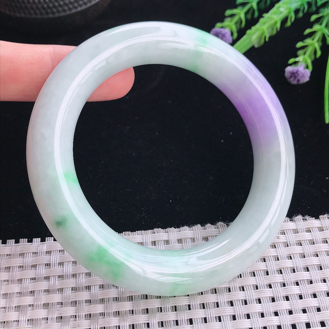 实拍天然翡翠57.2/13/12.5老坑精美春带彩艳丽紫罗兰圆条手镯翡翠玉镯手环