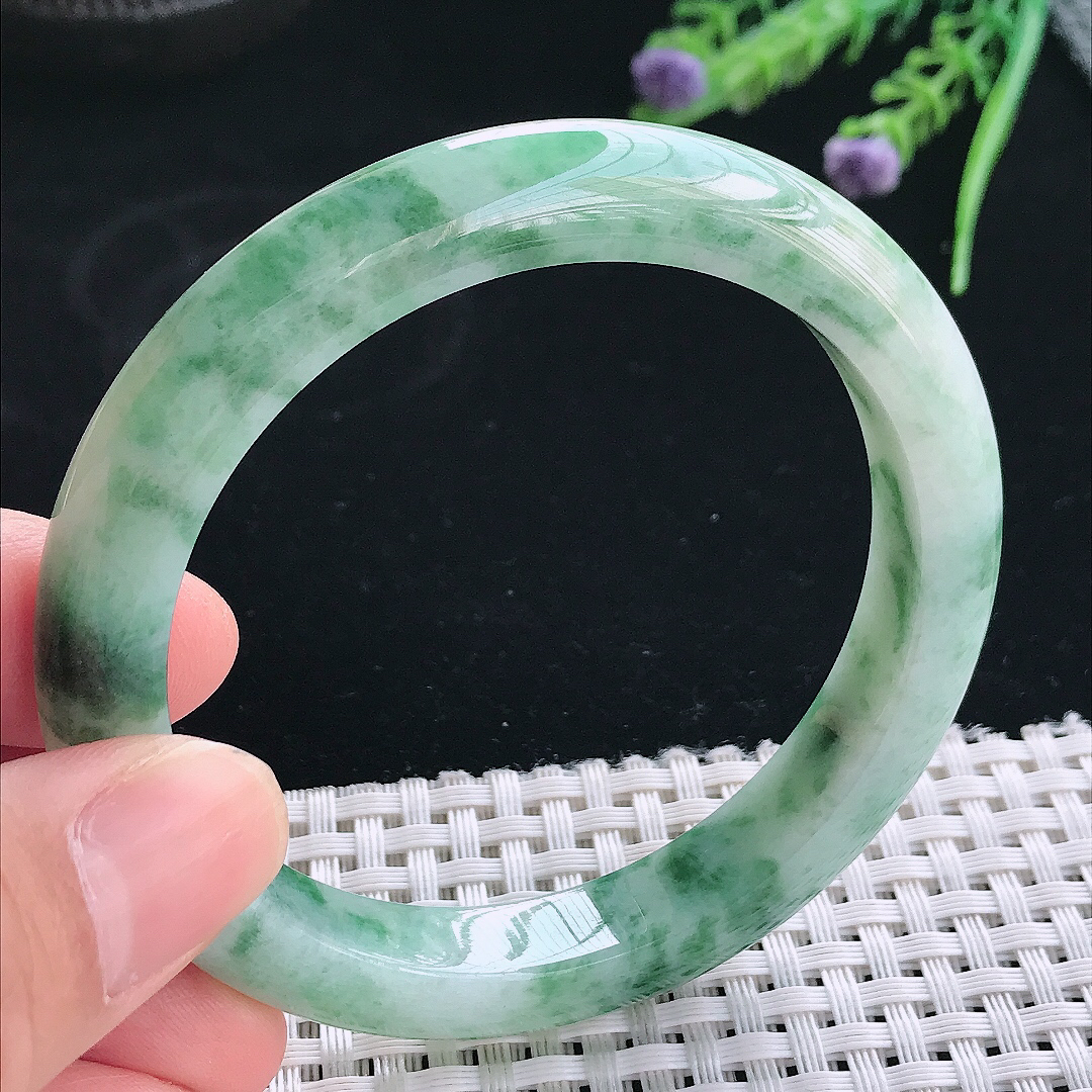 实拍天然翡翠57/10.1/8.5老坑精美冰润飘花手镯翡翠玉镯手环