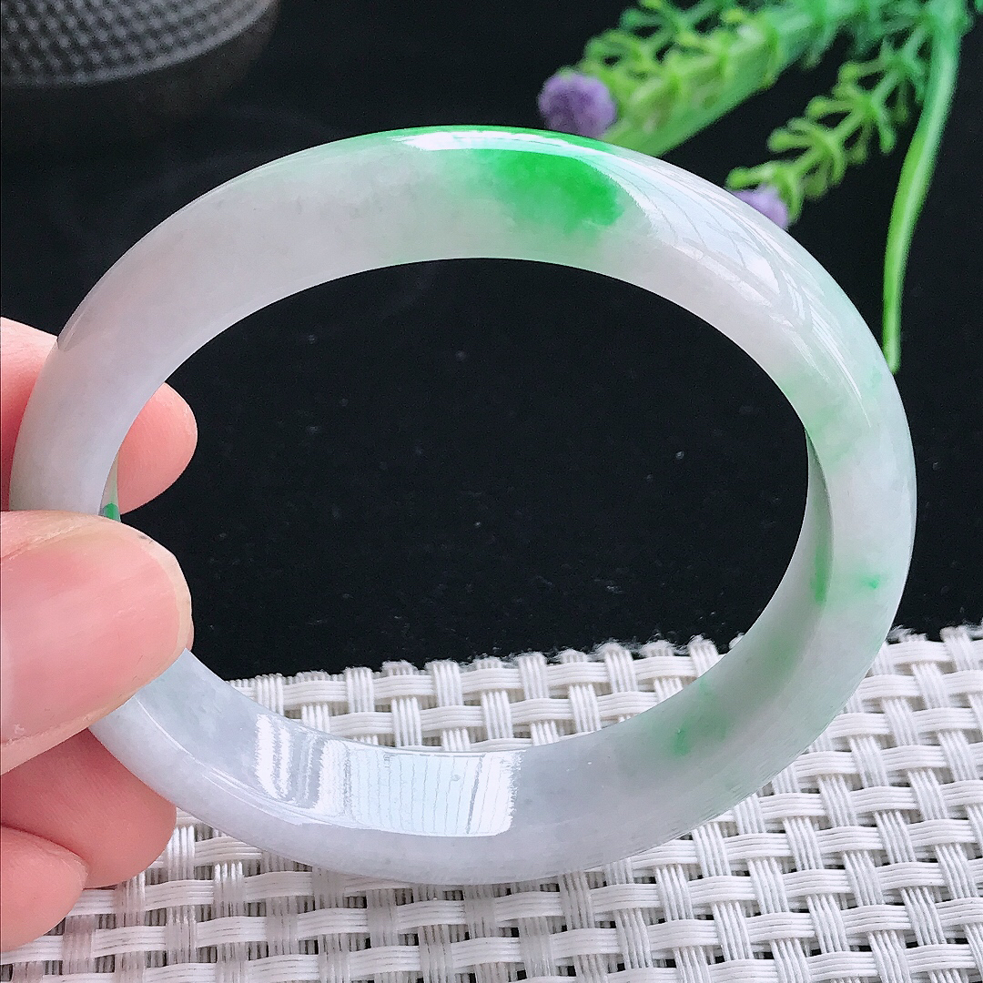 实拍天然翡翠55/51/13.3/7.5老坑精美飘绿辣阳绿贵妃手镯翡翠玉镯手环