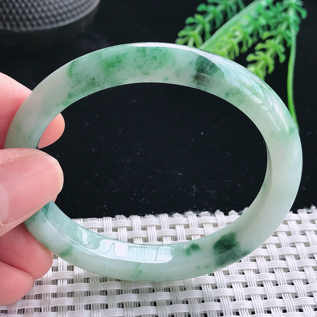 实拍天然翡翠56/48.5/9.9/8老坑冰润飘花贵妃手镯翡翠玉镯手环