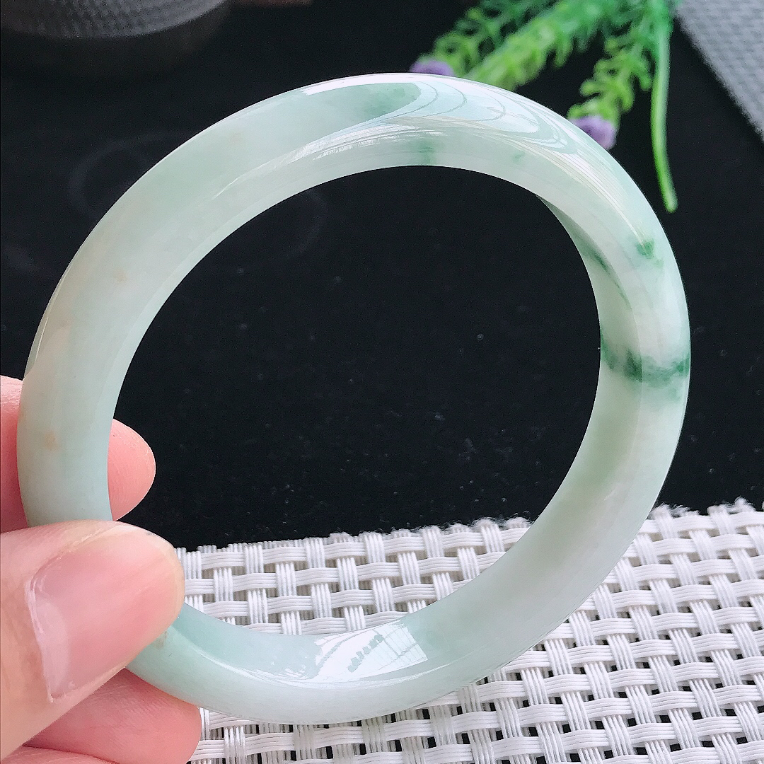 实拍天然翡翠61/11.3/8.3老坑冰润飘花大圈口手镯翡翠玉镯手环