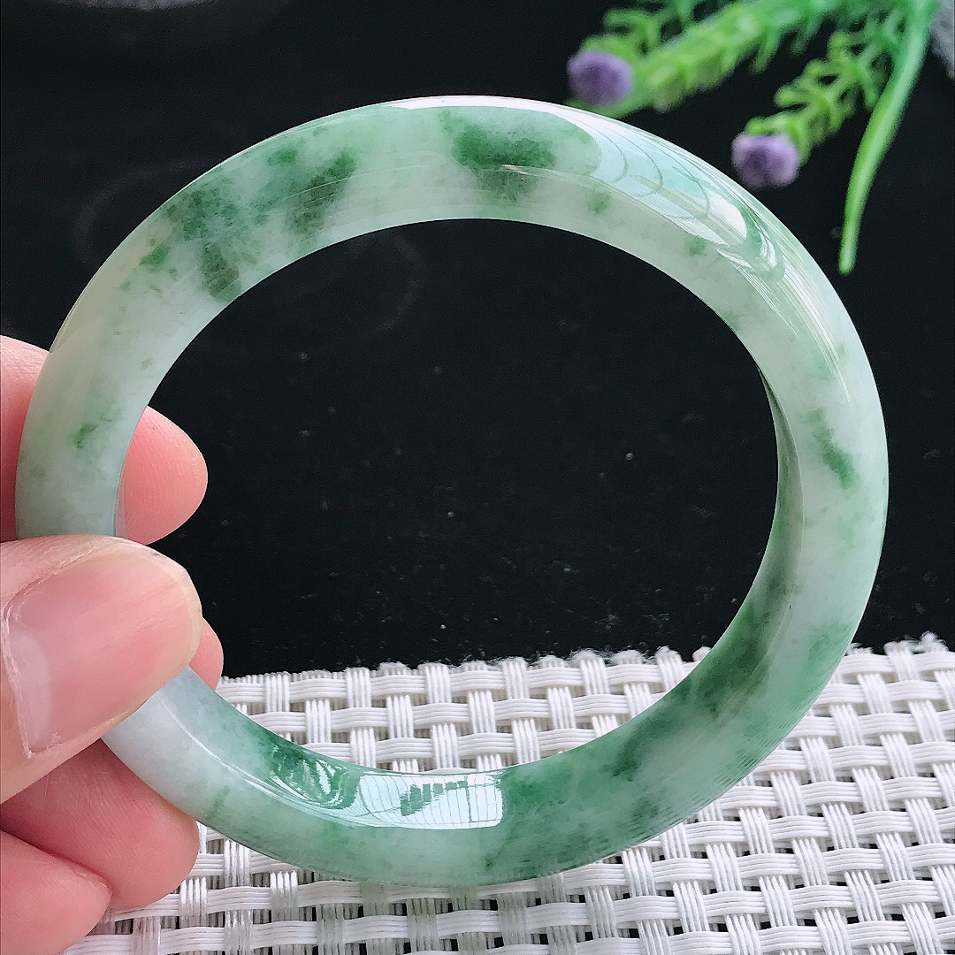 实拍天然翡翠57/10.1/8.5老坑精美冰润飘花手镯翡翠玉镯手环