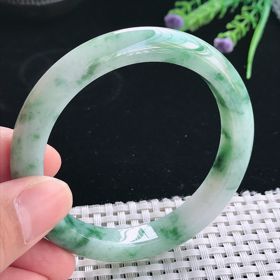 实拍天然翡翠57/10.1/8.5老坑精美冰润飘花手镯翡翠玉镯手环