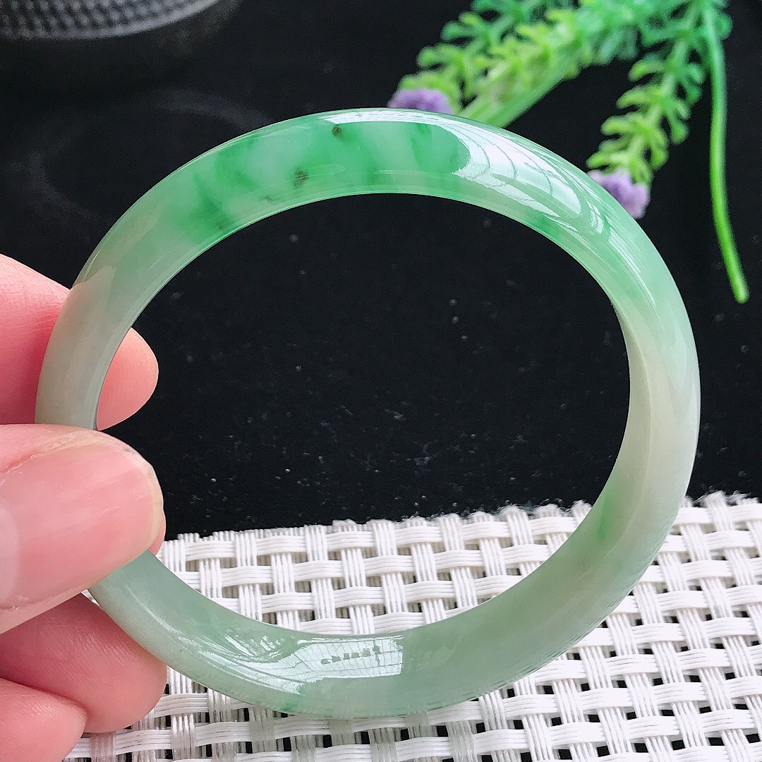 实拍天然翡翠53/11.2/6.6老坑冰胶飘阳绿手镯翡翠玉镯手环