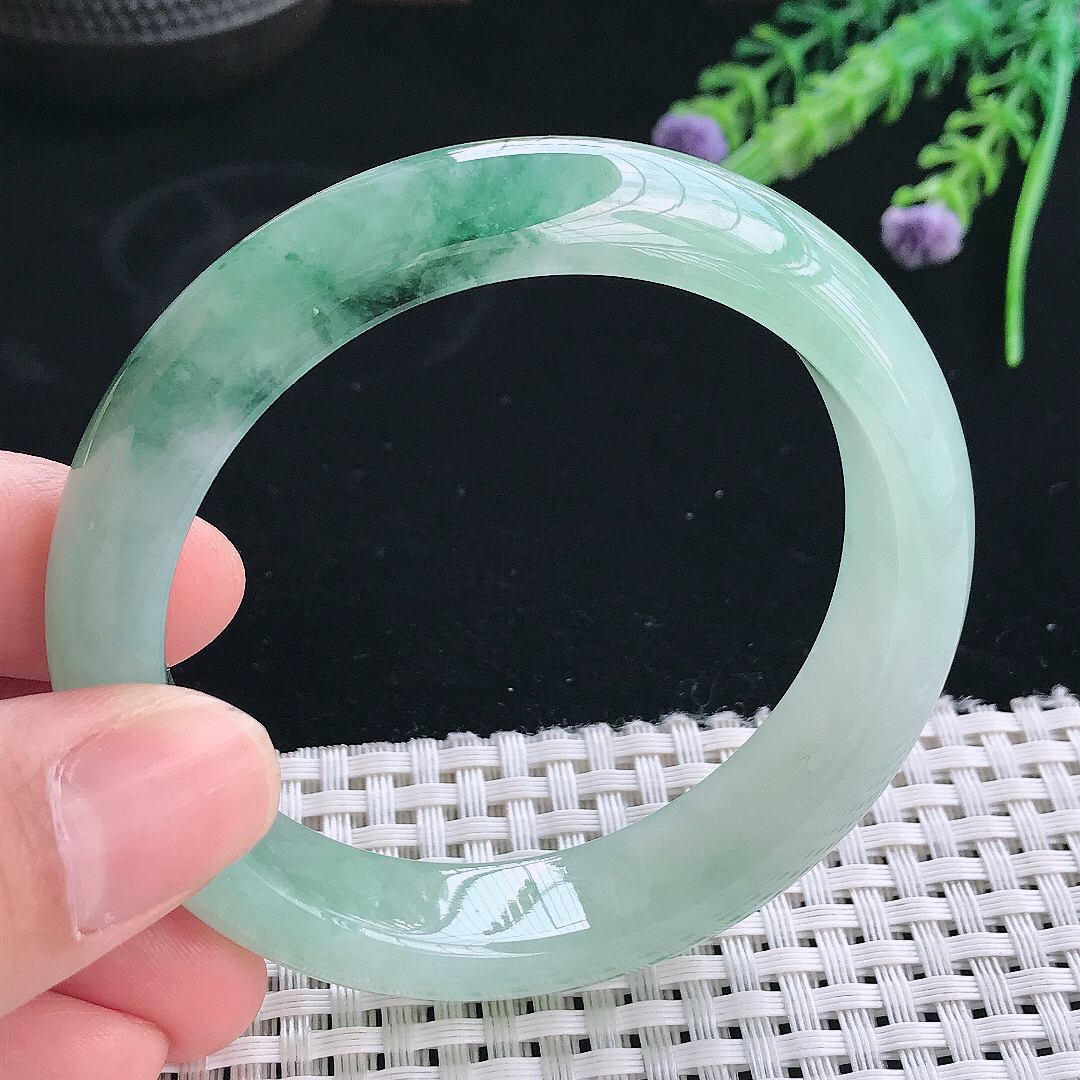 实拍天然翡翠55/13/8.2老坑冰胶飘花手镯翡翠玉镯手环