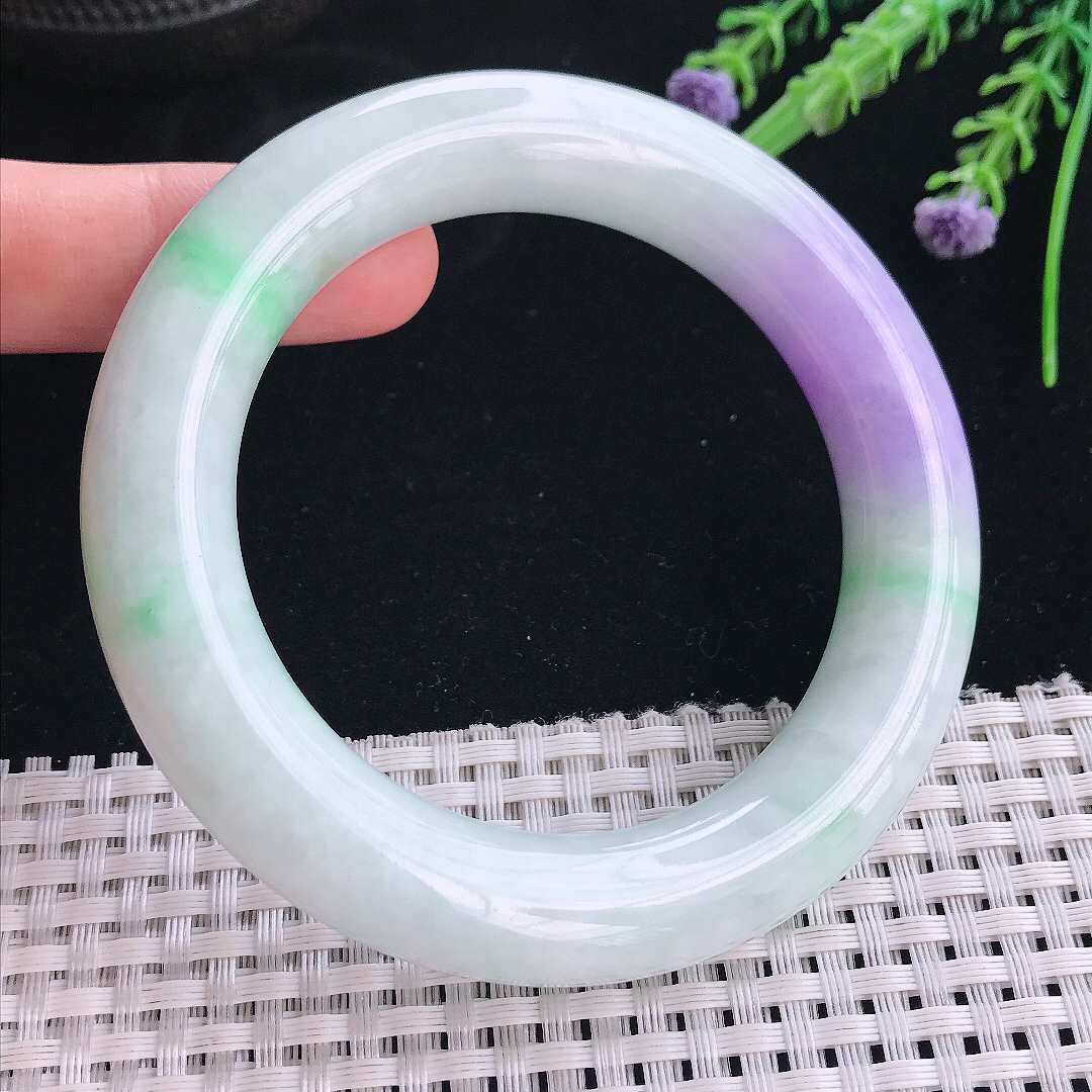 实拍天然翡翠57.2/13/12.5老坑精美春带彩艳丽紫罗兰圆条手镯翡翠玉镯手环