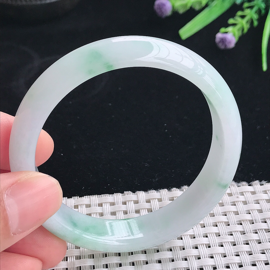 实拍天然翡翠54.8/13.5/7.2老坑冰胶冰飘花手镯翡翠玉镯手环