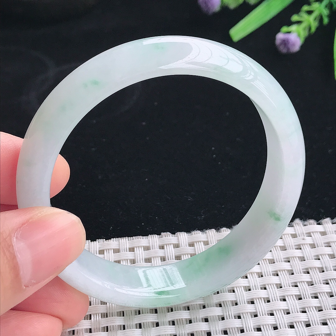 实拍天然翡翠54.8/13.5/7.2老坑冰胶冰飘花手镯翡翠玉镯手环