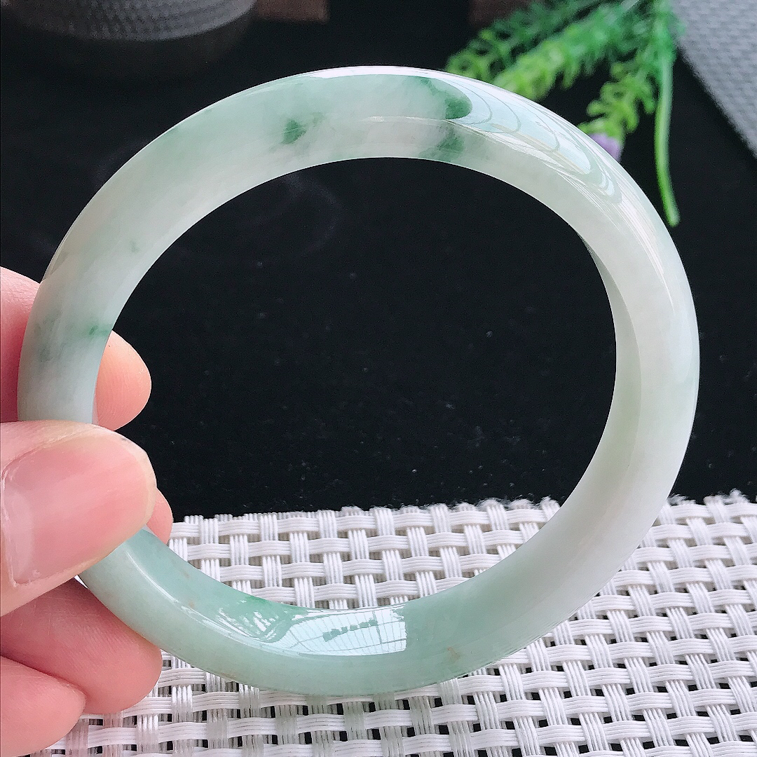 实拍天然翡翠61/11.3/8.3老坑冰润飘花大圈口手镯翡翠玉镯手环