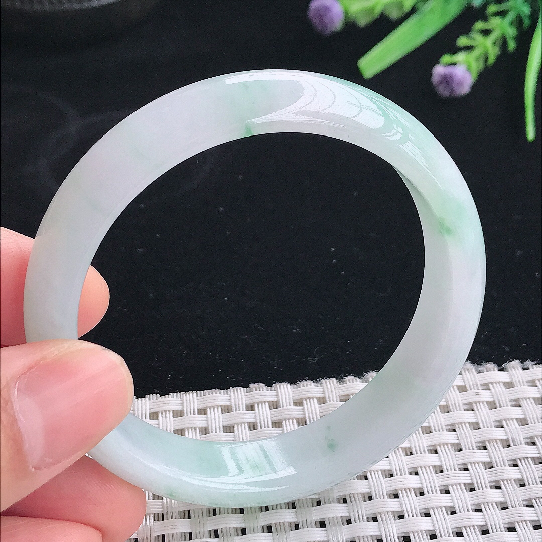 实拍天然翡翠54.8/13.5/7.2老坑冰胶冰飘花手镯翡翠玉镯手环