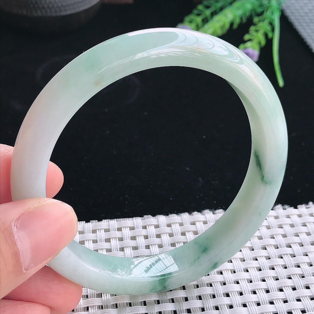 实拍天然翡翠61/11.3/8.3老坑冰润飘花大圈口手镯翡翠玉镯手环