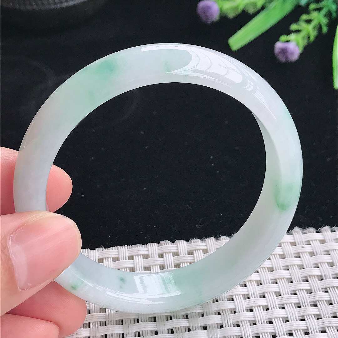 实拍天然翡翠54.8/13.5/7.2老坑冰胶冰飘花手镯翡翠玉镯手环