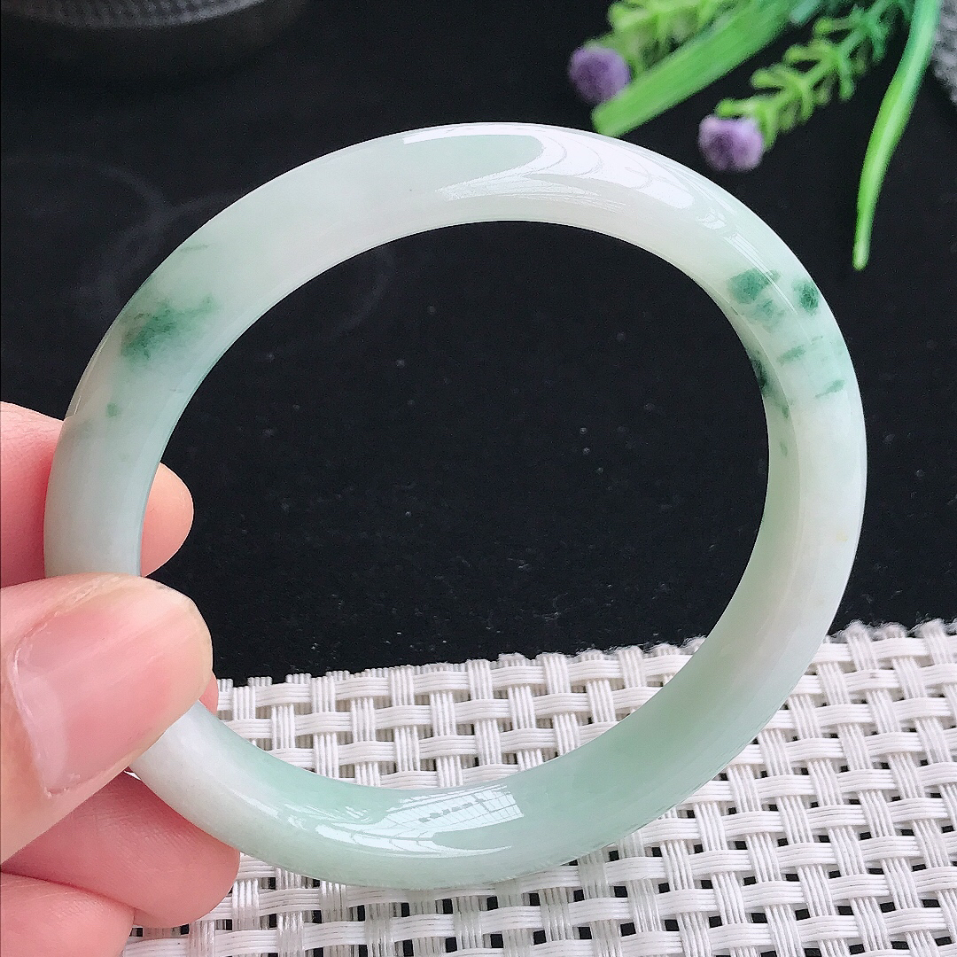 实拍天然翡翠58/10/7.8老坑冰润飘花手镯翡翠玉镯手环