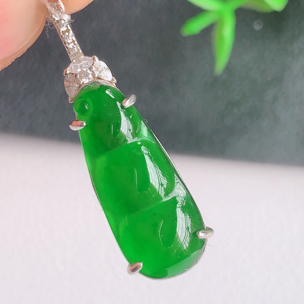 冰润满绿福豆翡翠挂件，老种飘花  冰清玉洁  胶感十足  寓意“四季平安，福气满满”颜色鲜艳，清新自然，饱满通透   W502.9  整体尺寸：32.3-10-7.6mm   裸石尺寸：22-9.2mm