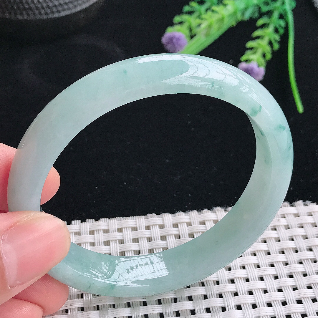 实拍天然翡翠57/50/12.9/7.6老坑冰润天空蓝飘花贵妃手镯翡翠玉镯手环