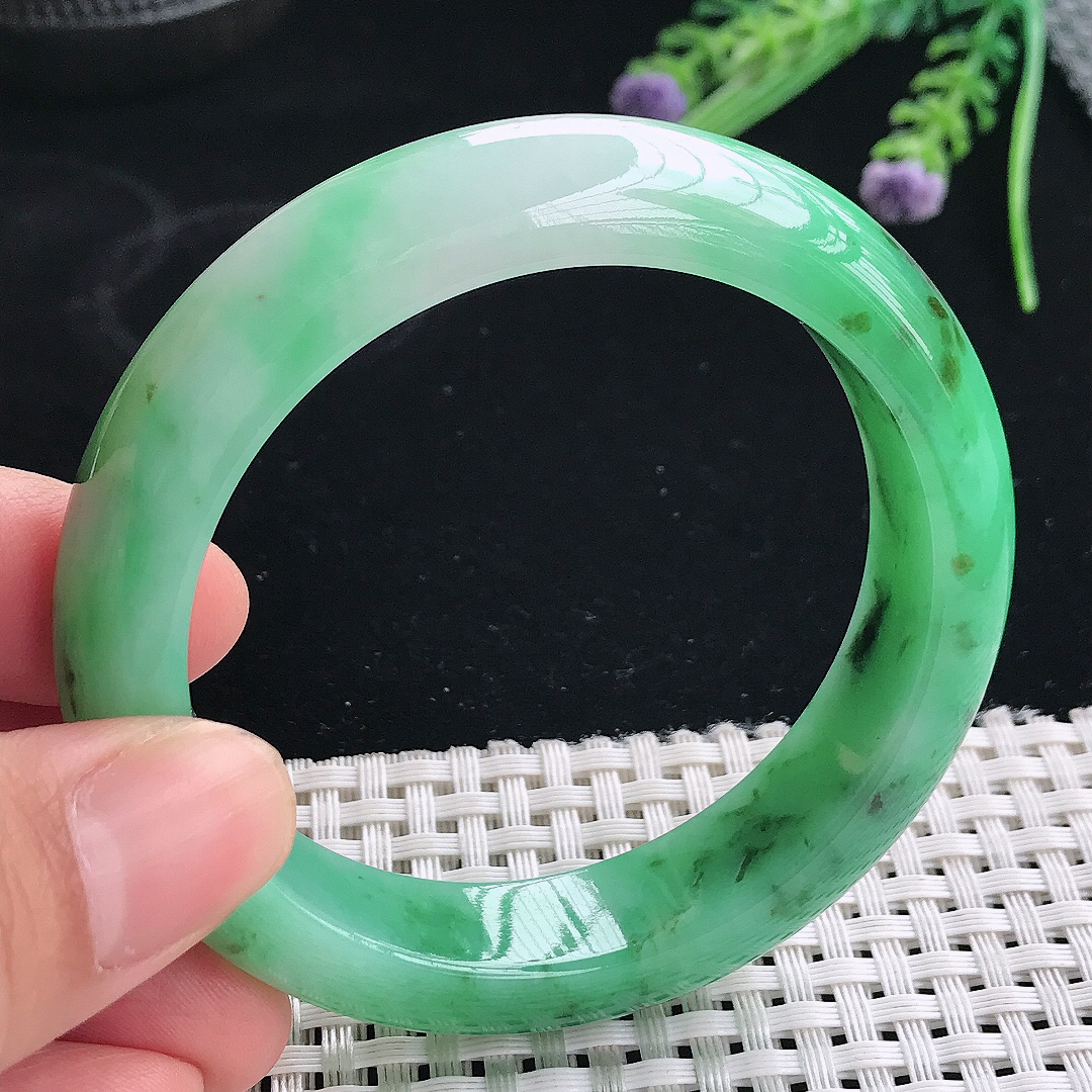 实拍天然翡翠55/13.3/8.8老坑精美温润满绿阳绿手镯翡翠玉镯手环