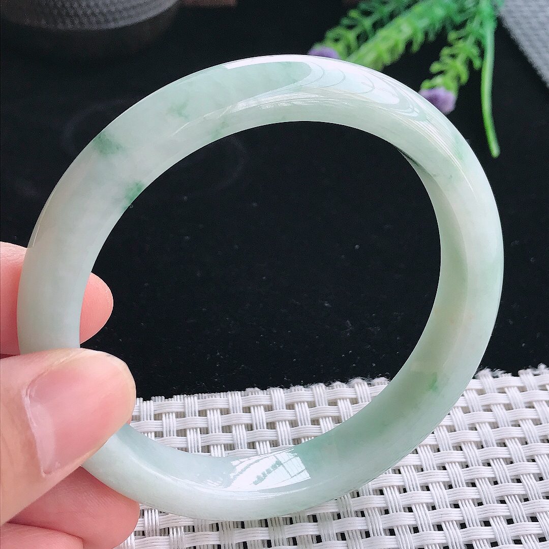 实拍天然翡翠61/11.3/8.3老坑冰润飘花大圈口手镯翡翠玉镯手环