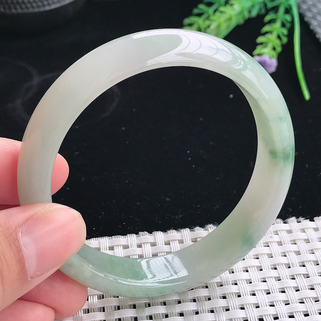 实拍天然翡翠56/13.8/7.3老坑冰润起胶飘花手镯翡翠玉镯手环