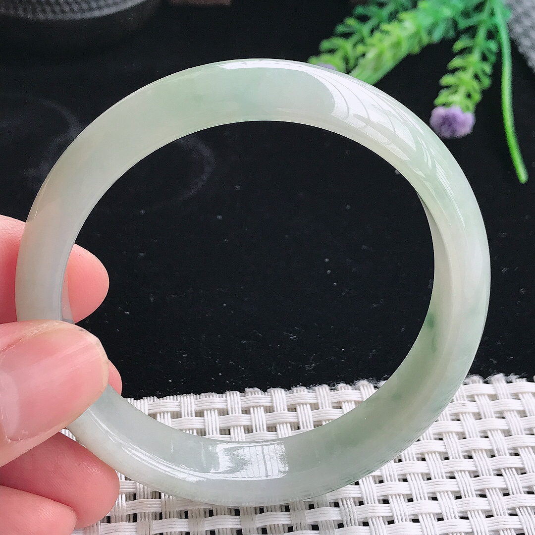 实拍天然翡翠56/13.8/7.3老坑冰润起胶飘花手镯翡翠玉镯手环