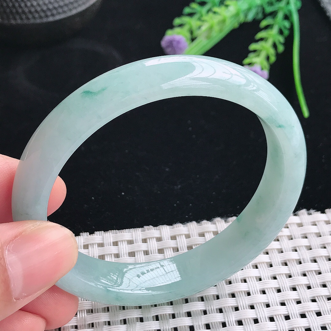 实拍天然翡翠57/50/12.9/7.6老坑冰润天空蓝飘花贵妃手镯翡翠玉镯手环