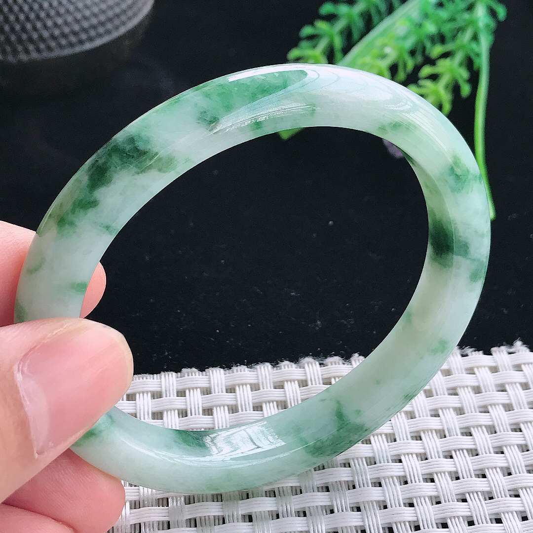 实拍天然翡翠56/48.5/9.9/8老坑冰润飘花贵妃手镯翡翠玉镯手环