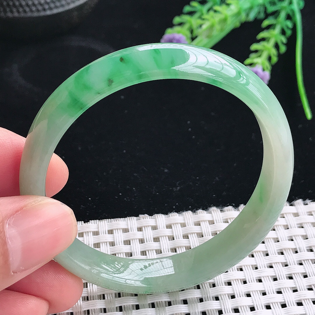 实拍天然翡翠53/11.2/6.6老坑冰胶飘阳绿手镯翡翠玉镯手环