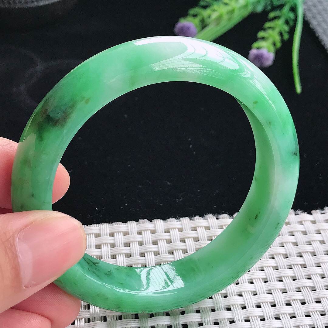 实拍天然翡翠55/13.3/8.8老坑精美温润满绿阳绿手镯翡翠玉镯手环