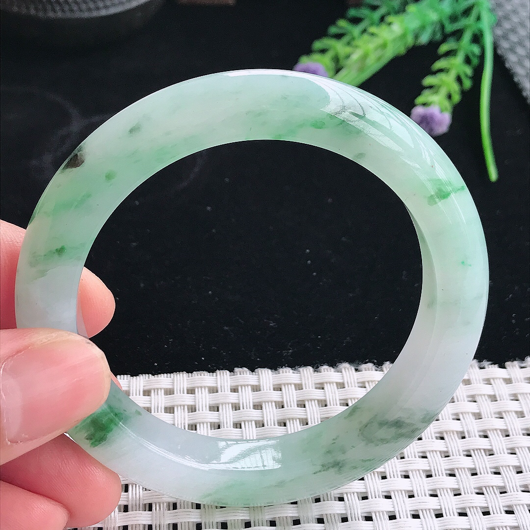 实拍天然翡翠56/10.8/9.5老坑冰胶果冻冰飘绿花手镯翡翠玉镯手环