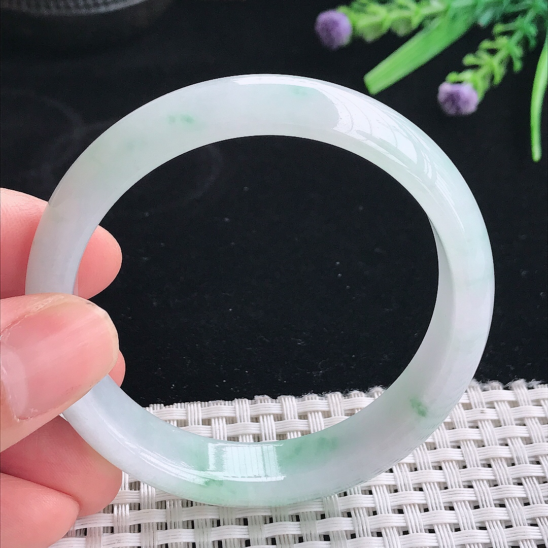 实拍天然翡翠54.8/13.5/7.2老坑冰胶冰飘花手镯翡翠玉镯手环