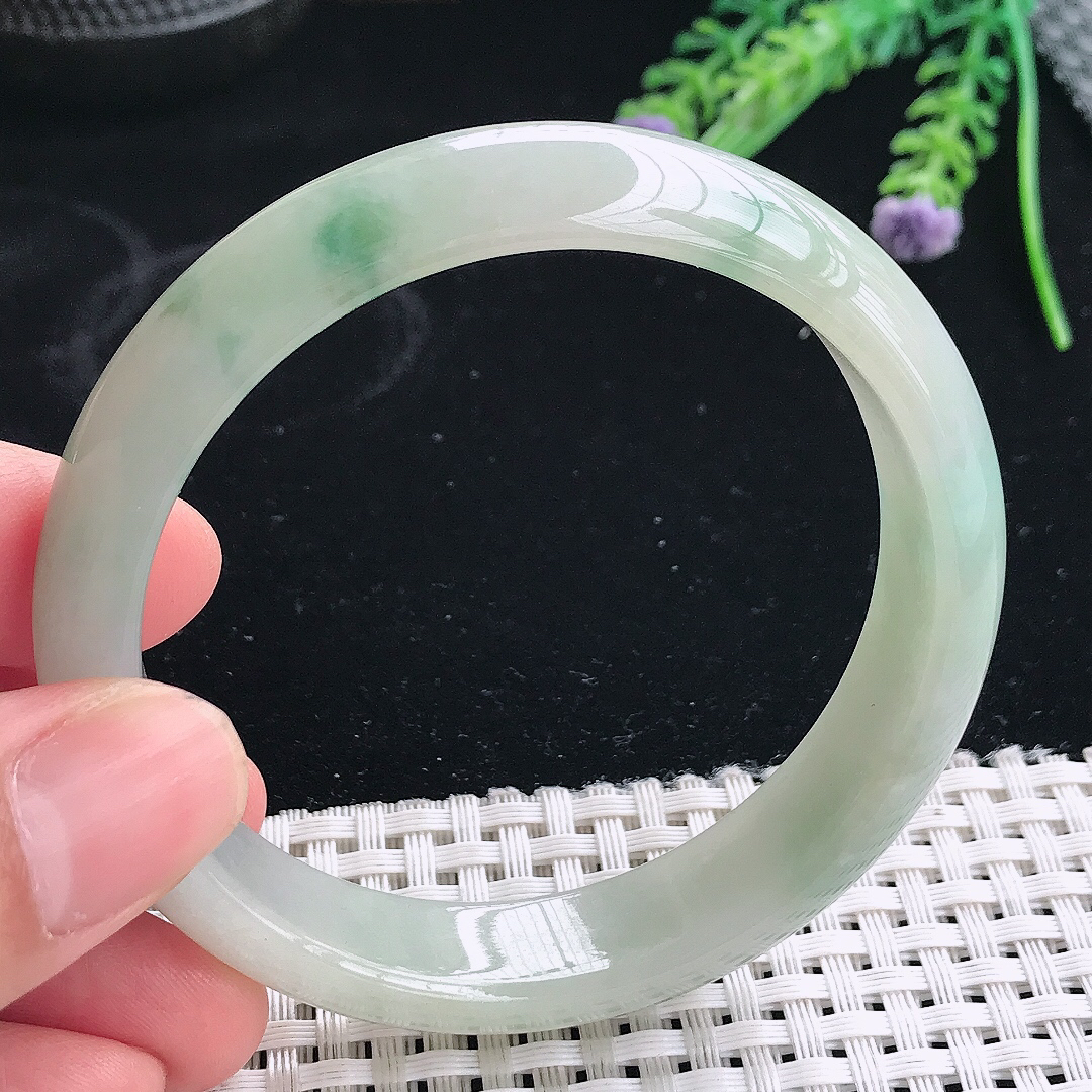 实拍天然翡翠56/13.8/7.3老坑冰润起胶飘花手镯翡翠玉镯手环