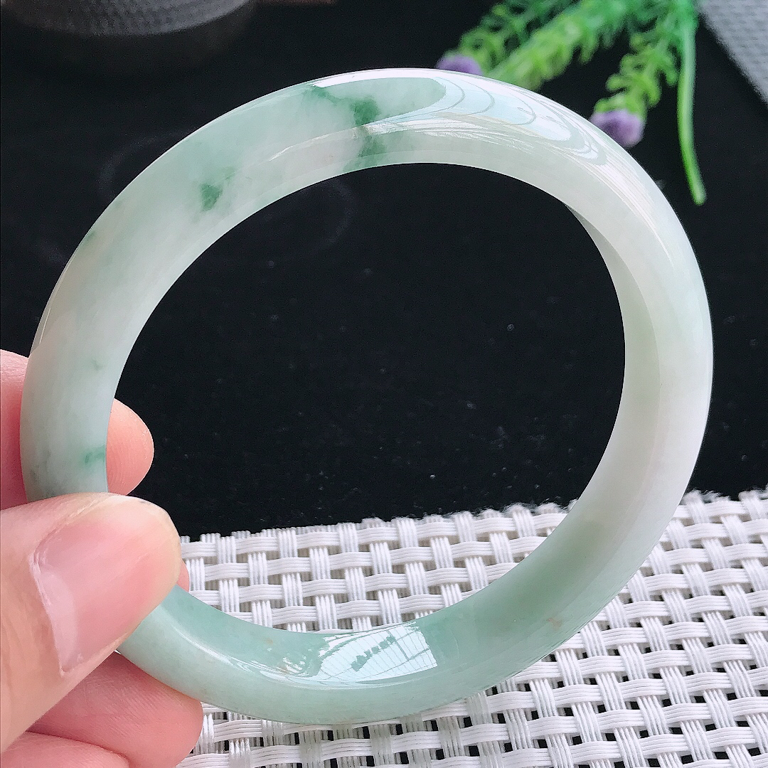 实拍天然翡翠61/11.3/8.3老坑冰润飘花大圈口手镯翡翠玉镯手环