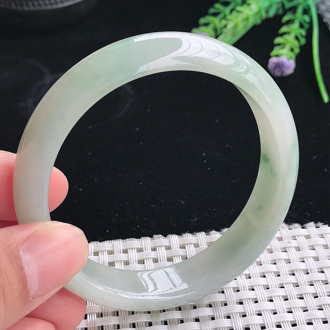 实拍天然翡翠56/13.8/7.3老坑冰润起胶飘花手镯翡翠玉镯手环