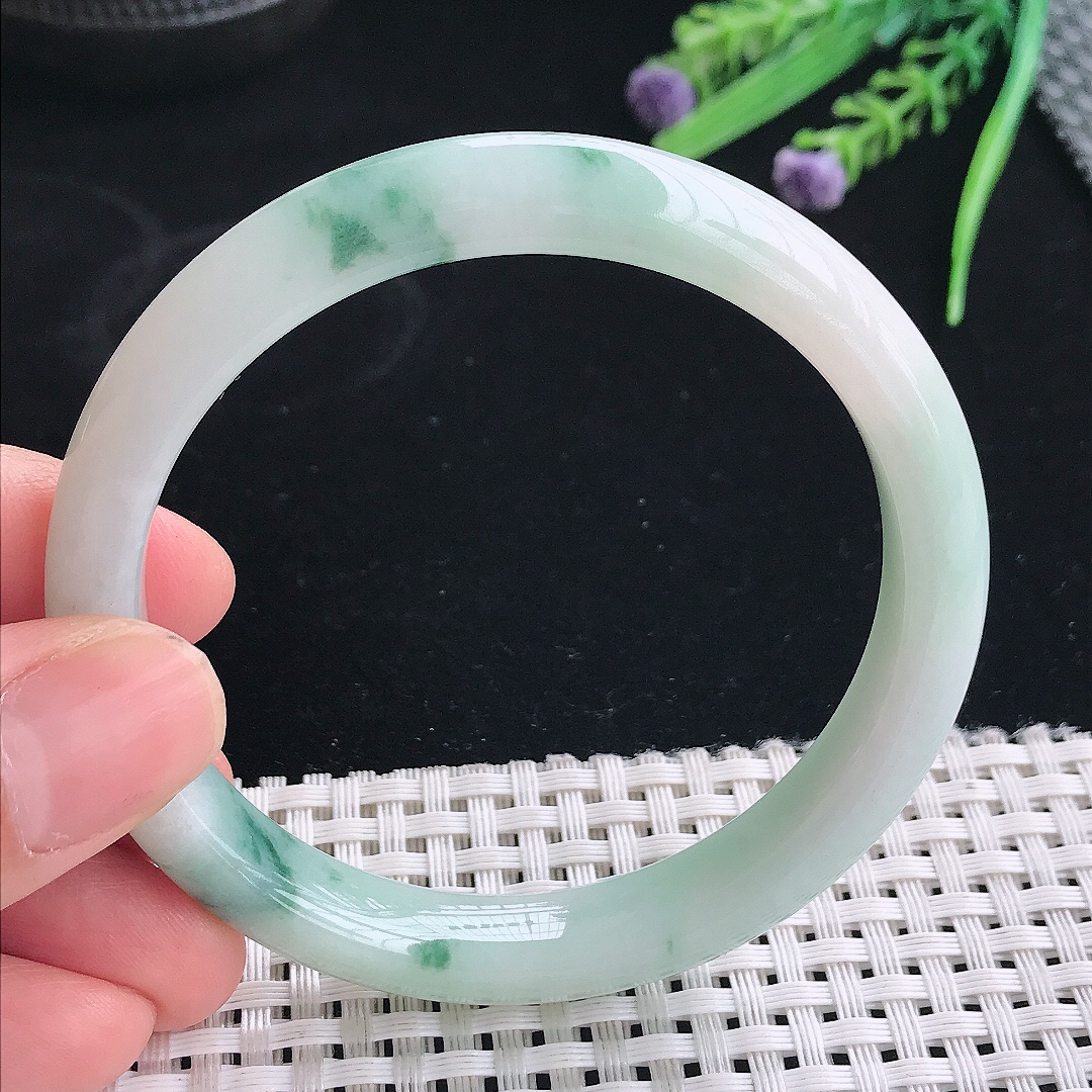 实拍天然翡翠58/10/7.8老坑冰润飘花手镯翡翠玉镯手环