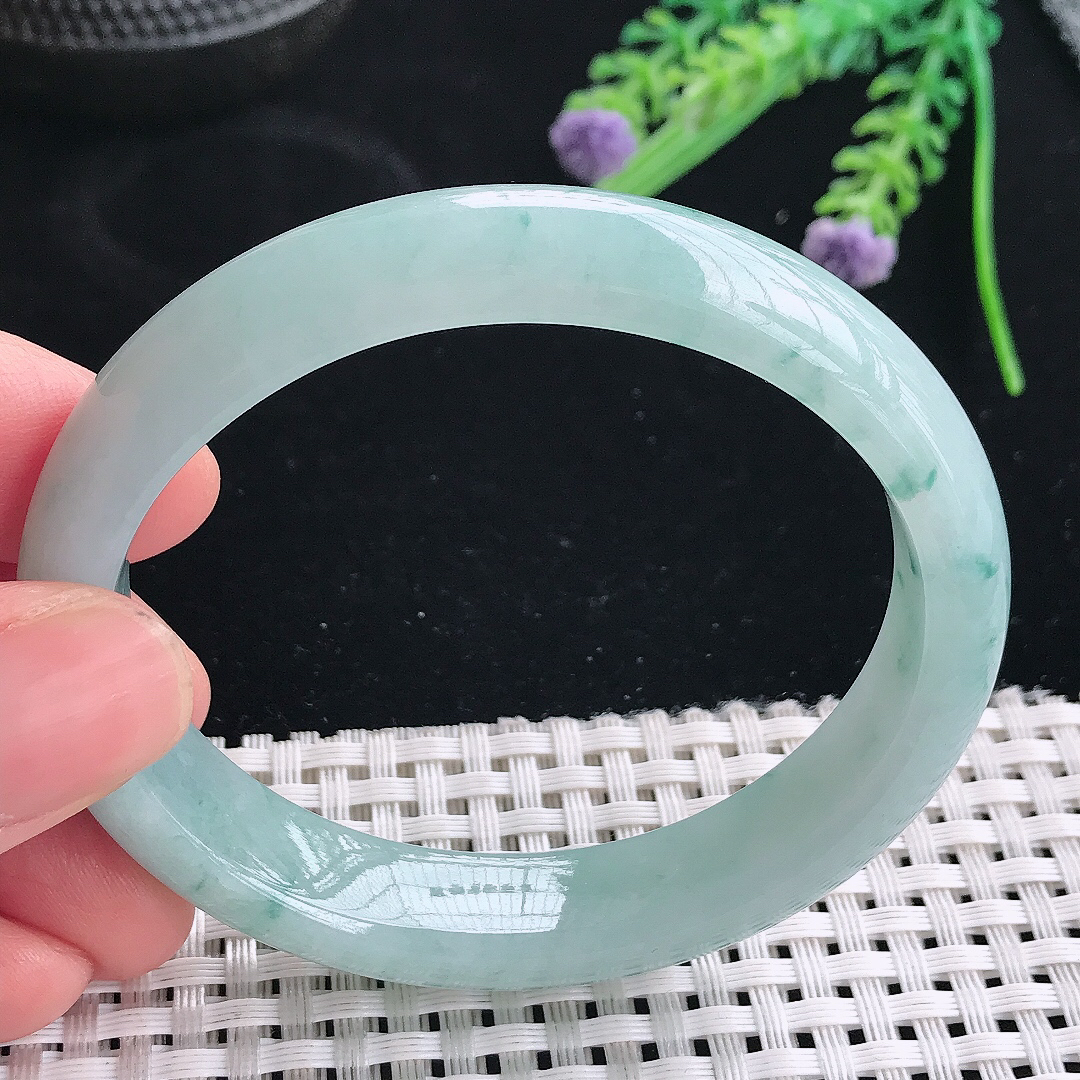 实拍天然翡翠57/50/12.9/7.6老坑冰润天空蓝飘花贵妃手镯翡翠玉镯手环