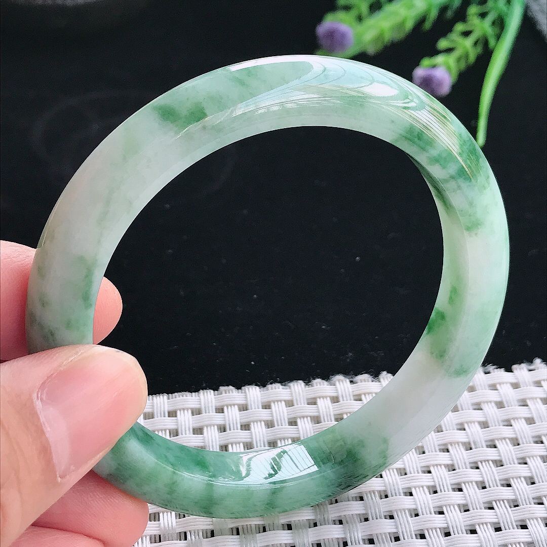 实拍天然翡翠57/10.1/8.5老坑精美冰润飘花手镯翡翠玉镯手环