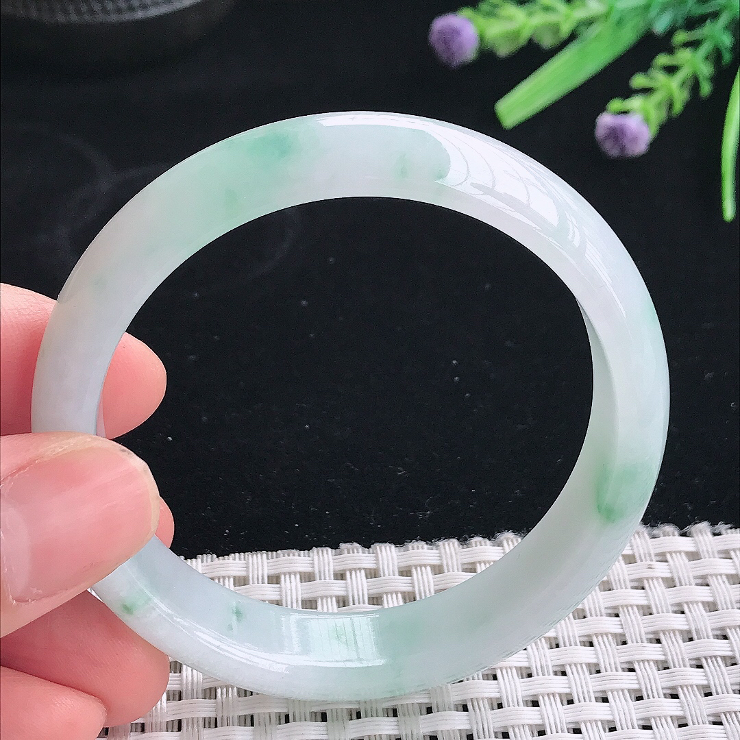 实拍天然翡翠54.8/13.5/7.2老坑冰胶冰飘花手镯翡翠玉镯手环