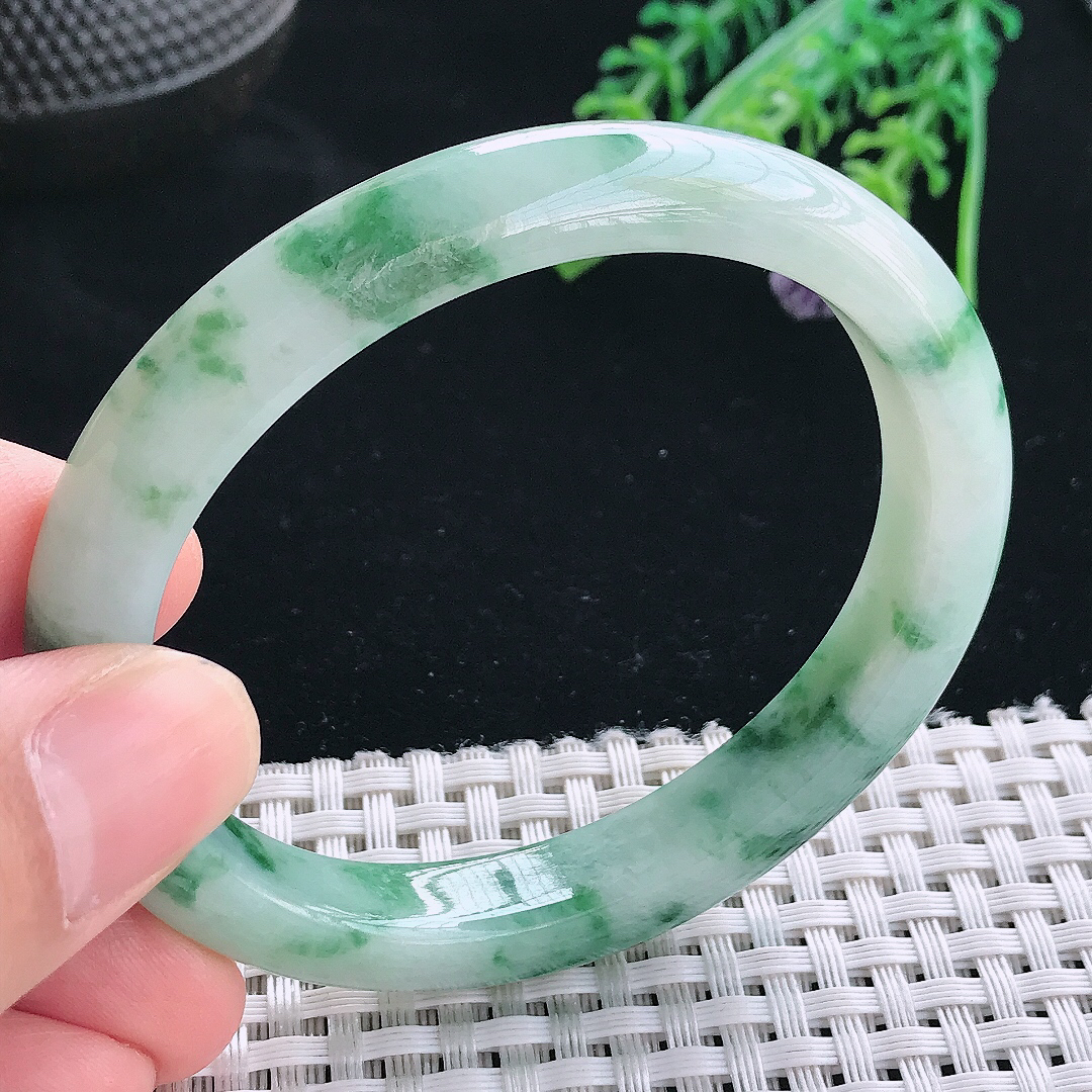 实拍天然翡翠56/48.5/9.9/8老坑冰润飘花贵妃手镯翡翠玉镯手环