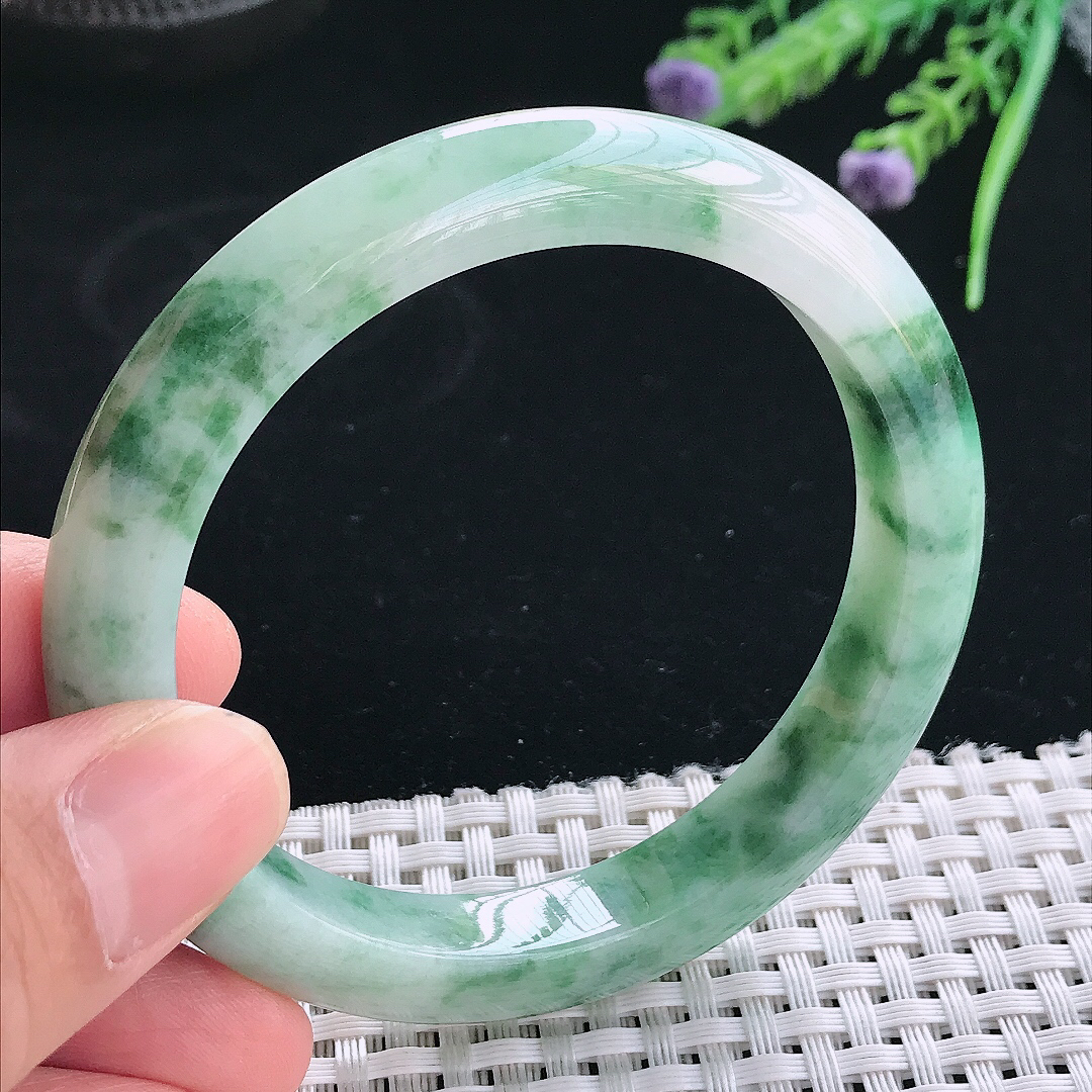 实拍天然翡翠57/10.1/8.5老坑精美冰润飘花手镯翡翠玉镯手环