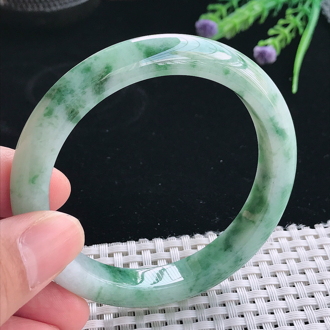 实拍天然翡翠57/10.1/8.5老坑精美冰润飘花手镯翡翠玉镯手环