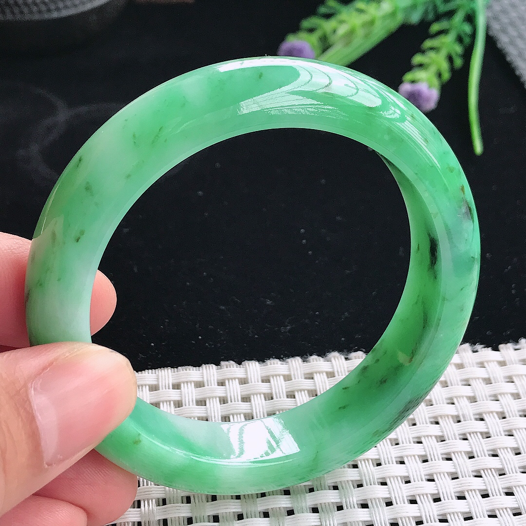 实拍天然翡翠55/13.3/8.8老坑精美温润满绿阳绿手镯翡翠玉镯手环