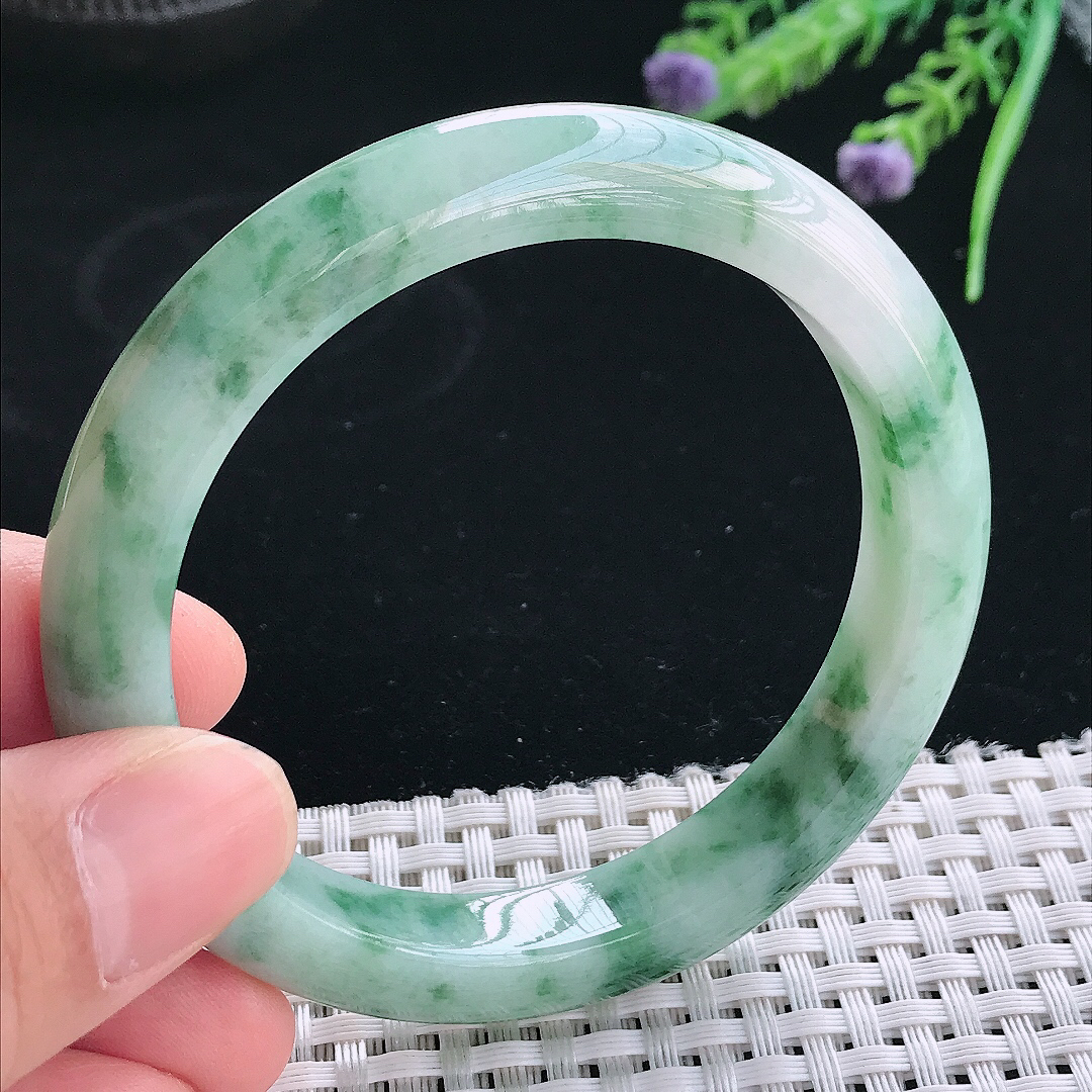 实拍天然翡翠57/10.1/8.5老坑精美冰润飘花手镯翡翠玉镯手环