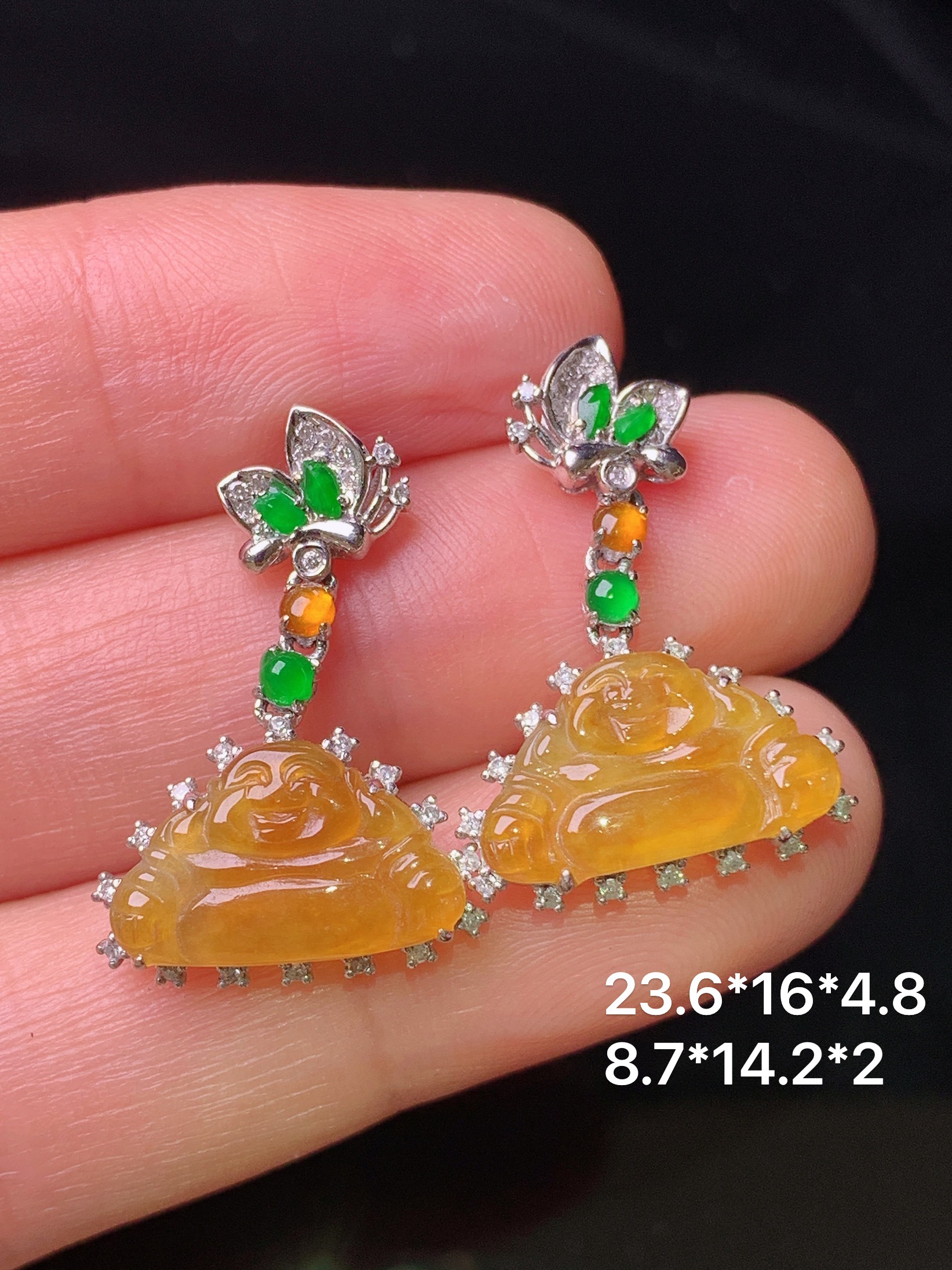 18k金钻镶嵌黄翡佛公耳坠 玉质细腻 色泽艳丽 整体尺寸23.6*16*4.8x2