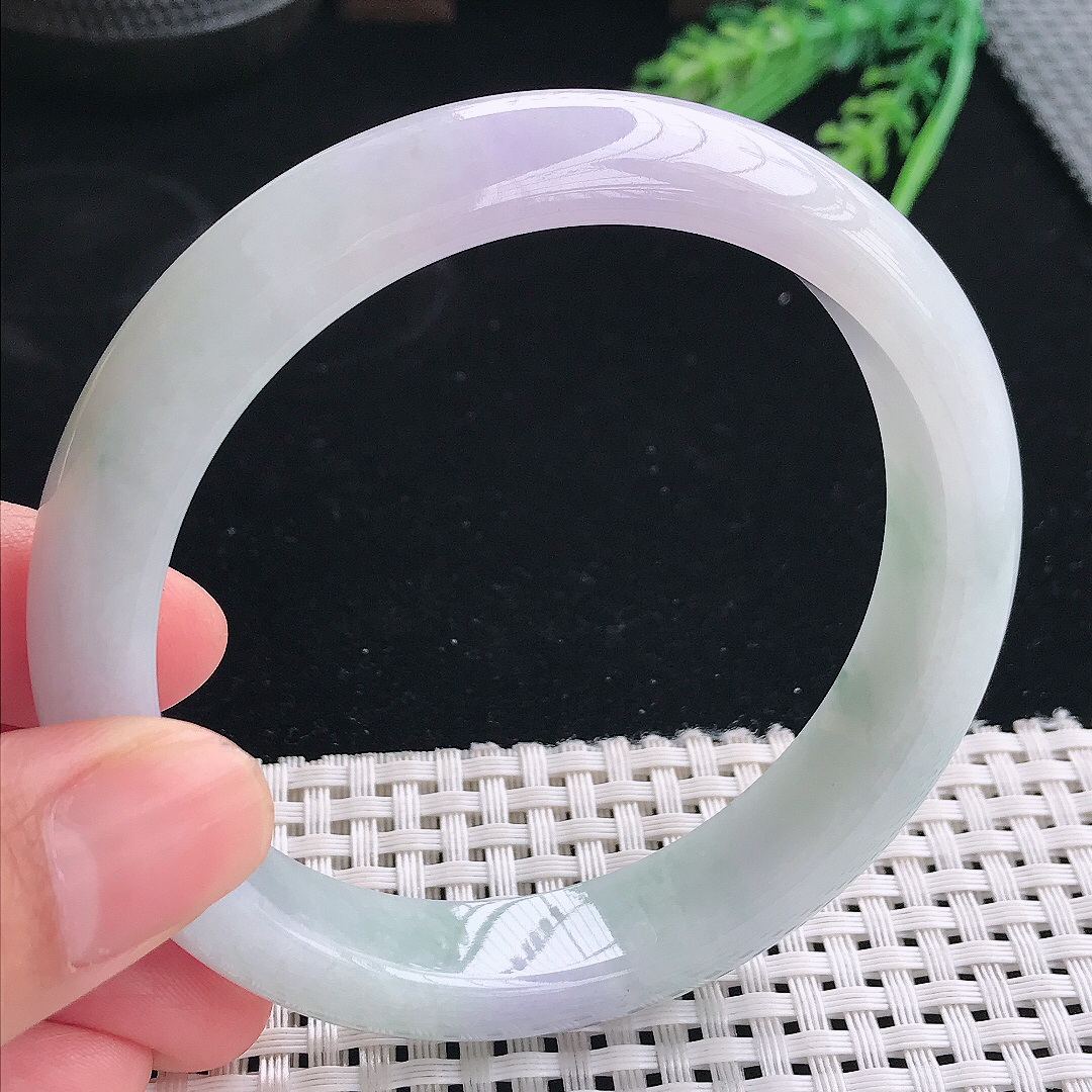 实拍天然翡翠61.5/12.9/8.5大圈口老坑冰润淡紫色手镯翡翠玉镯手环