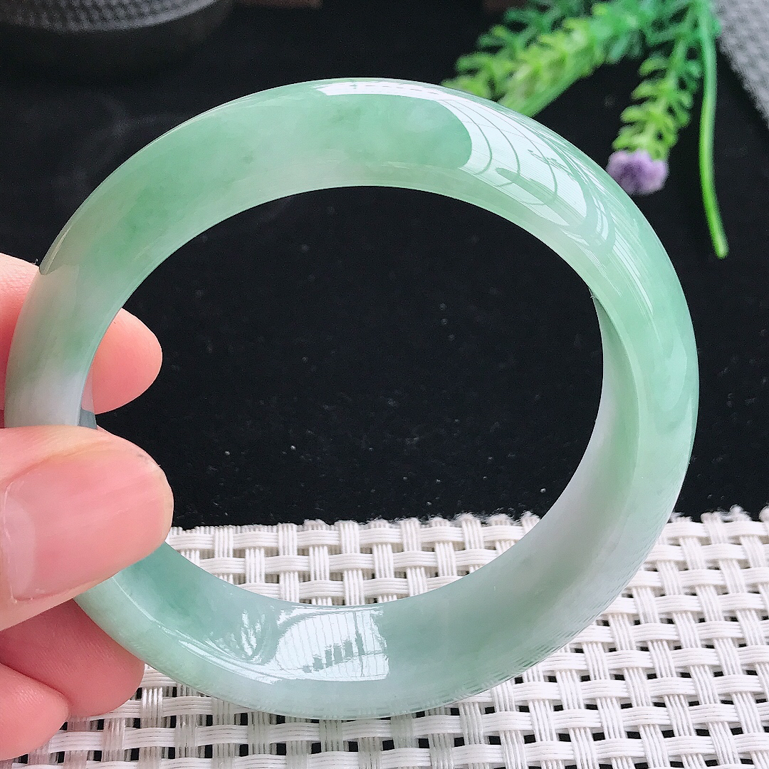 实拍天然翡翠57/16.6/8.6老坑冰润起胶冰晴绿轮胎手镯翡翠玉镯手环