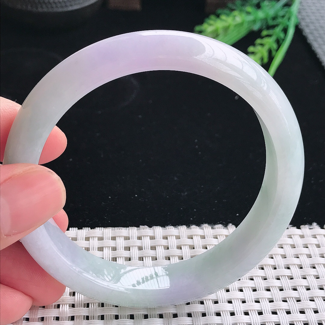 实拍天然翡翠61.5/12.9/8.5大圈口老坑冰润淡紫色手镯翡翠玉镯手环