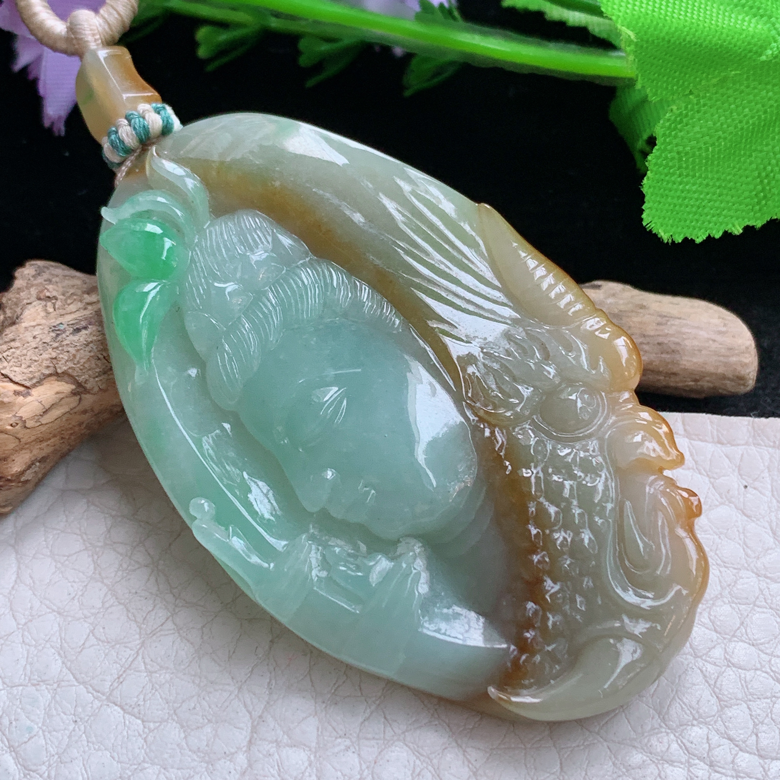 cys实拍63*39*7.6缅甸翡翠精雕三彩一念之间 佛祖玉吊坠 玉挂件